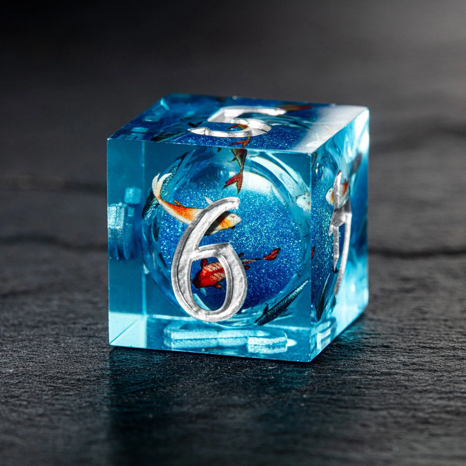 Aquamarine Koi Fish Liquid Core Resin Moon DnD D&D Dice Set - Image 3