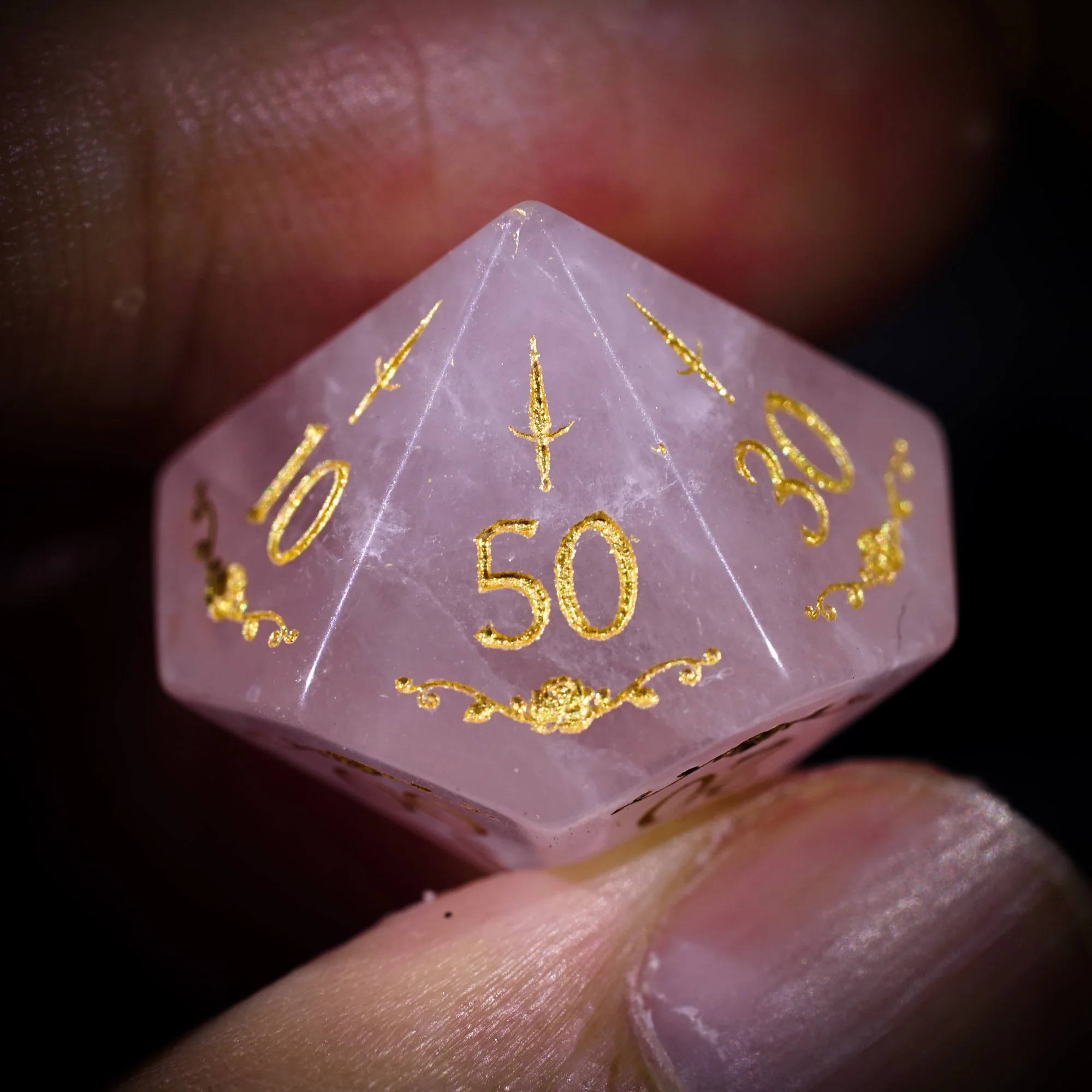 Rose Quartz Gemstone Rogue Rose Motif DnD D&D Dice Set - Image 5