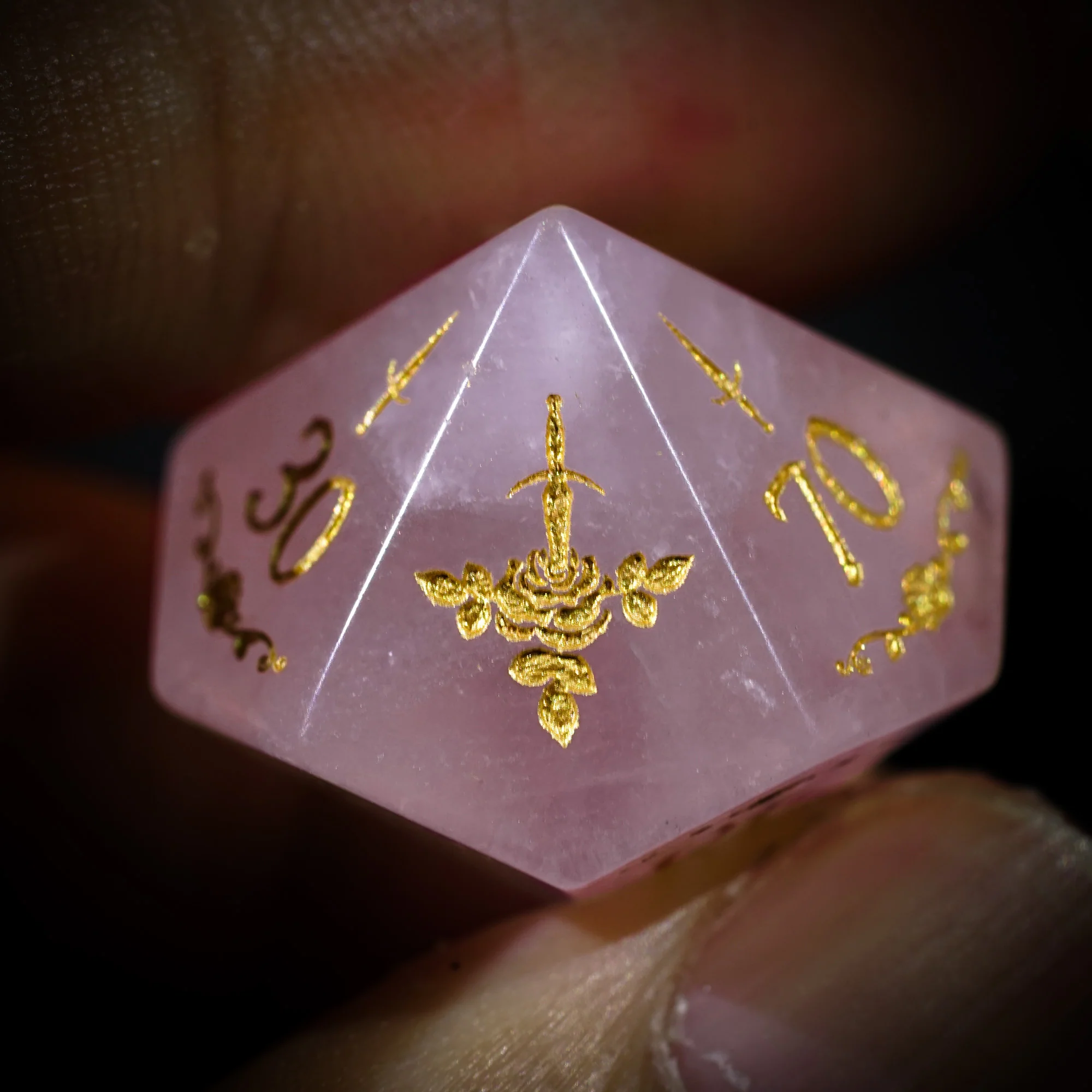 Rose Quartz Gemstone Rogue Rose Motif DnD D&D Dice Set - Image 6